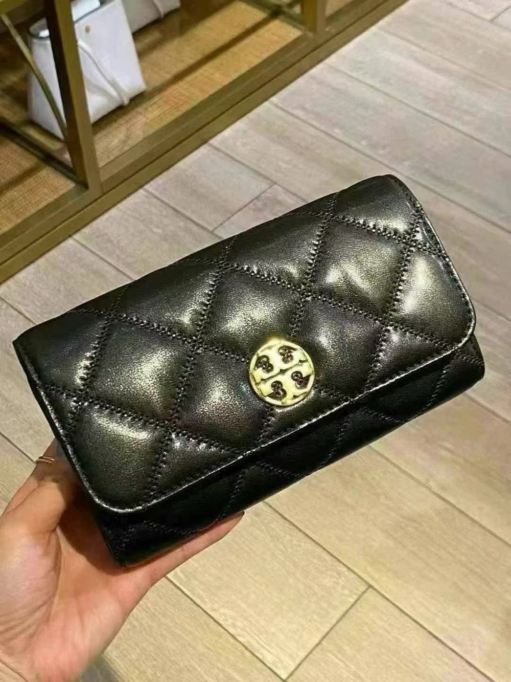 NWT Tory Burch Quilted Black Leather Clutch with Gold Logo